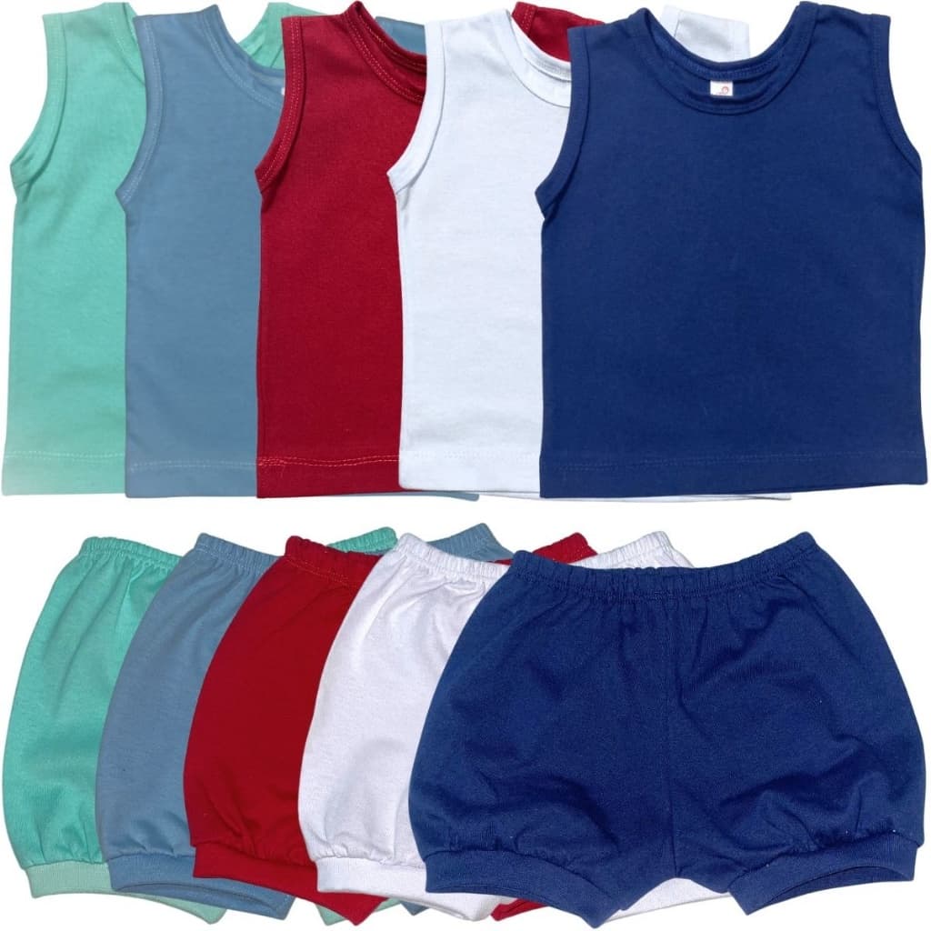 Kit 10 Peças Infantil 5 Regatas Camisetas 5 Shorts Tapa Fralda Liso Estampado Pijama Enxoval Bebê Menino Menina verão