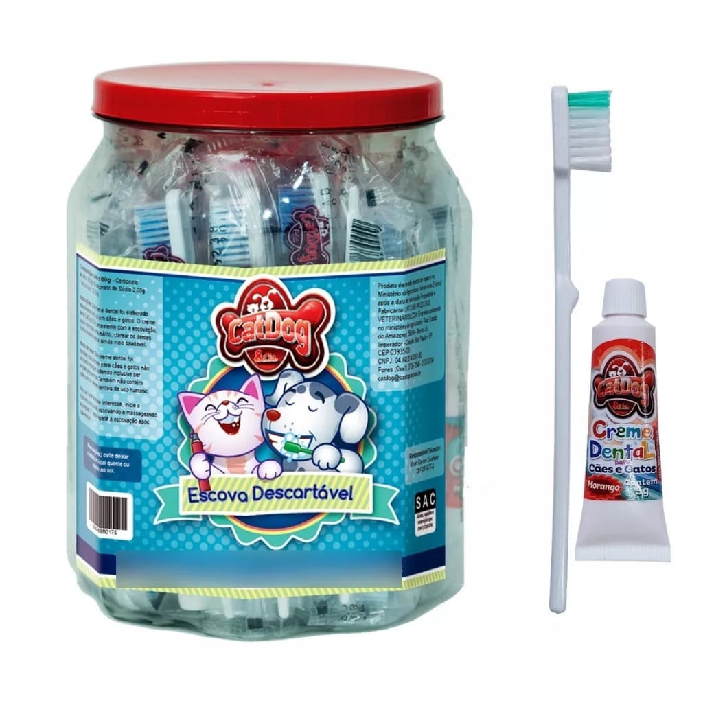 Pote Escova Descartável + Creme Dental P/pet Cat Dog - 40un
