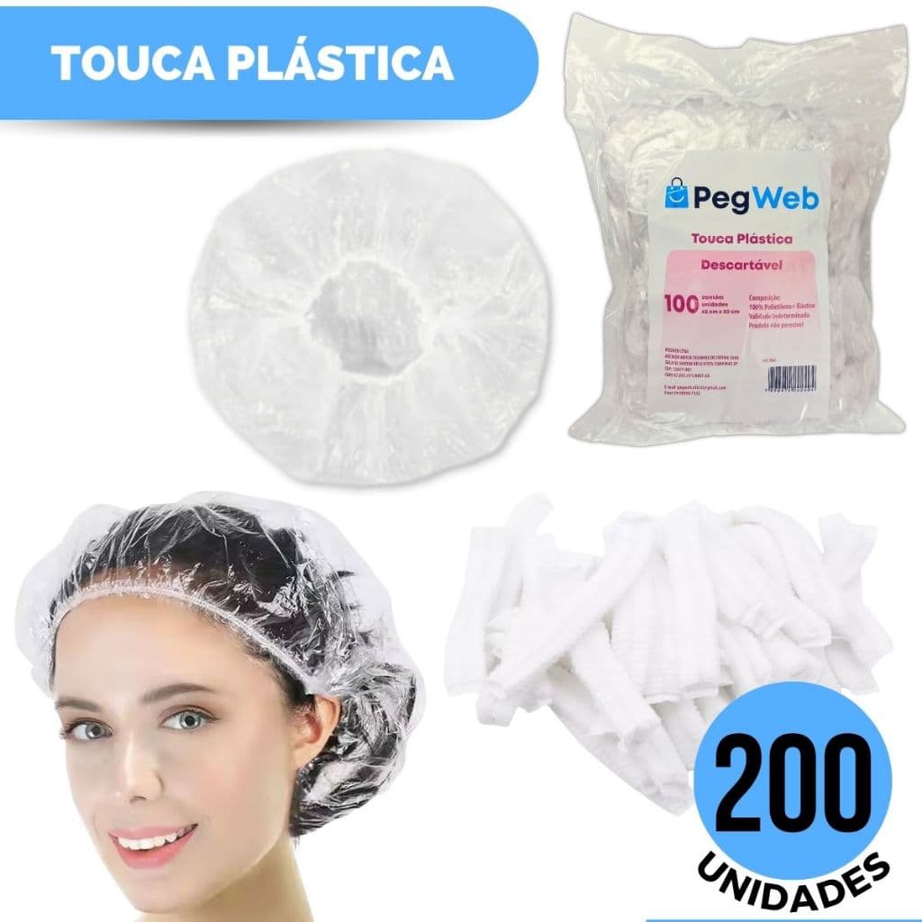 Kit 200 Toucas Plásticas Descartável Banho Cabelo Sanfonada hotel motel Transparente com Elástico