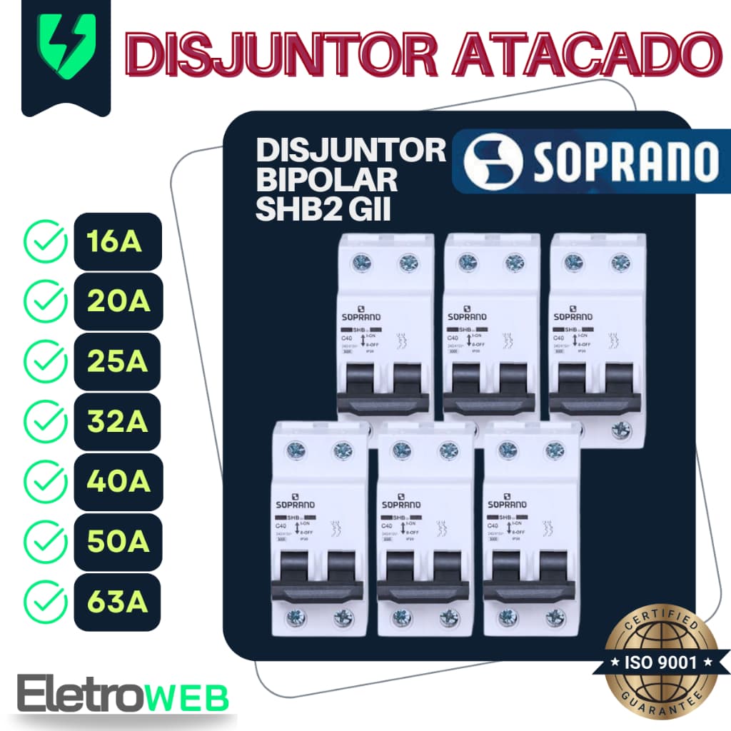 Kit 3 á 12 Un. Disjuntor Bipolar 16a 20a 25a 32a 40a 50a 63a Soprano  - Atacado Promoção Oferta