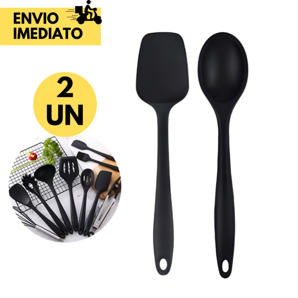 Kit Espátula de Silicone com Colher de Silicone Preta Não Risca a Panela p/ Chocolates Bolos Sobremesa e Refeições em Ge