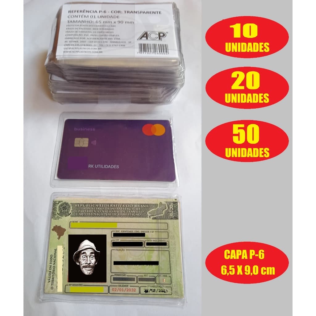 Kit Protetor Capa Documento CNH e CARTÃO 10, 20, 50 Unidades P-6