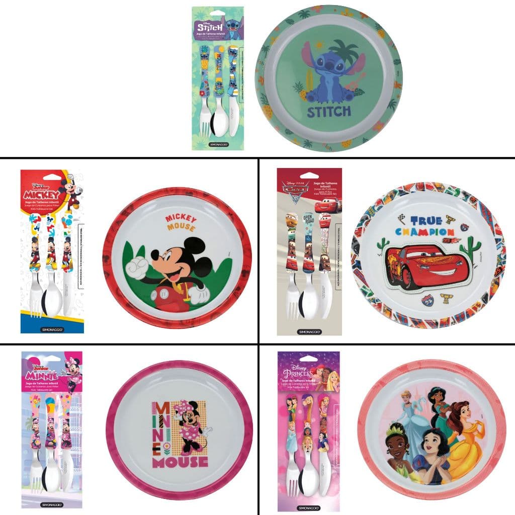 Kit Talher + Prato 21cm Personalizado Disney BPA Free Carros Minnie Mickey Stitch