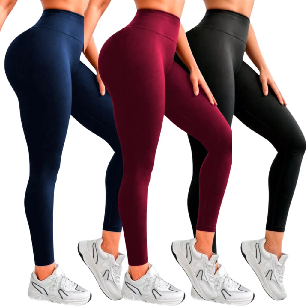 Kit 3 Leg Legging Básica Lisa Feminina FItness Preto Cinza Vinho e Azul Feminino Do P ao GG Suplex Cintuta Alta