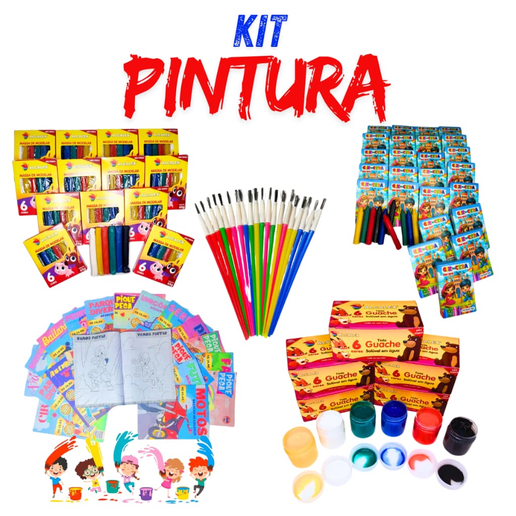 25 Itens Para Pintura Kit Escolar Massinha de Modelar Livro de Colorir Tinta Guache Pincel Infantil