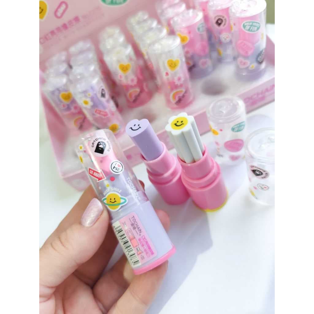 Apontador de lápis escolar COM BORRACHA -  2 em 1 - Em formato de BATOM - material escolar /papelaria fofa Kawaii girls