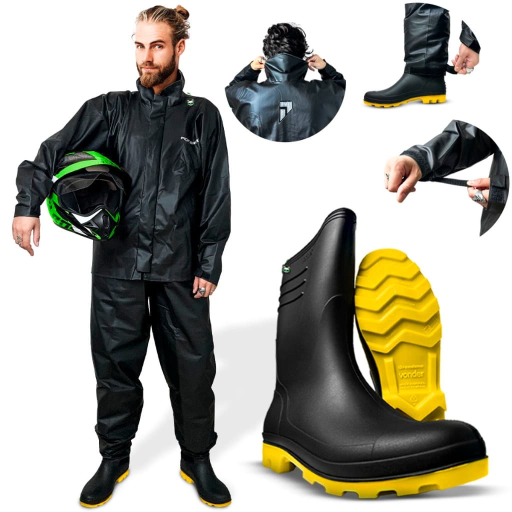 Kit Capa Chuva Motoqueiro Impermeável Pvc Reforçada + Bota