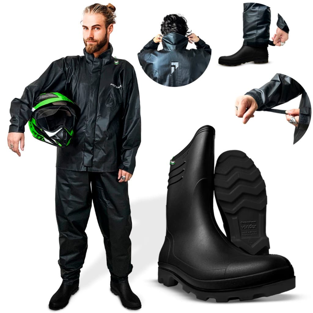 Kit Capa de Chuva Motoqueiro Impermeável Pvc + Bota Preta