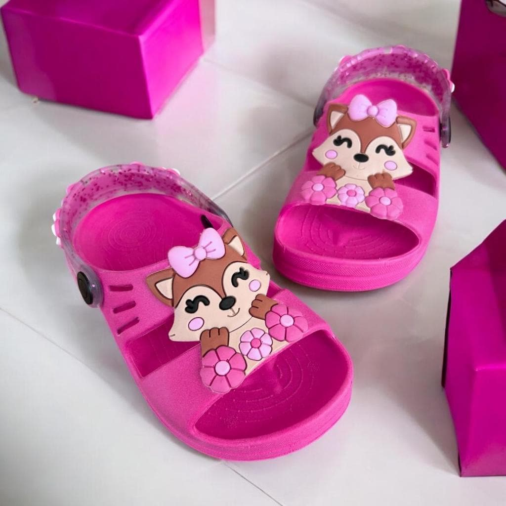 Sandalia Papete Infantil Menina Raposa Flores Desenhos Criança Feminina Leve Macia Confortável