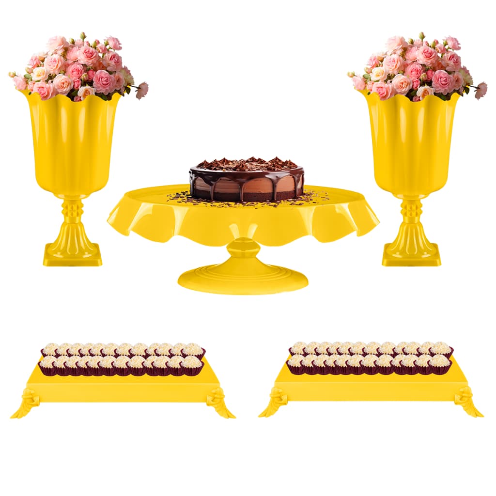 Kit Mesa de Festa 1 Boleira Pequena 22cm , 2 Bandejas Baixas 20x15 2 Vasos Decorativos