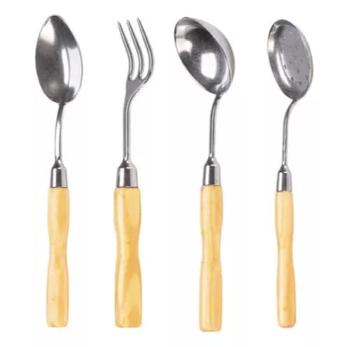 Jogo Kit 04 Talheres Alumínio Fundido Cabo De Madeira Servir