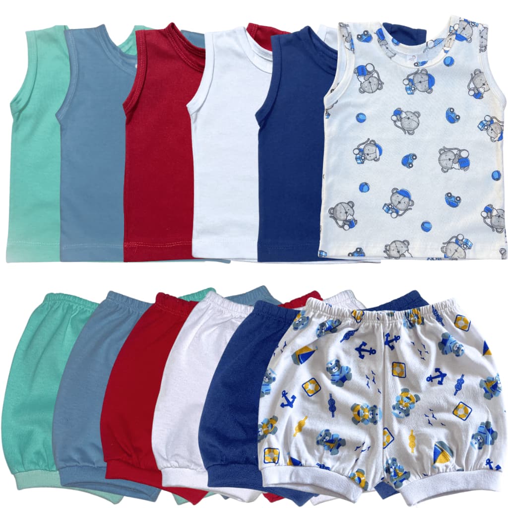 Kit 12 Peças Infantil bebe 6 Regata Camiseta 6 Short Tapa Fralda Liso Estampado Pijama Enxoval Bebê Menino Menina verão