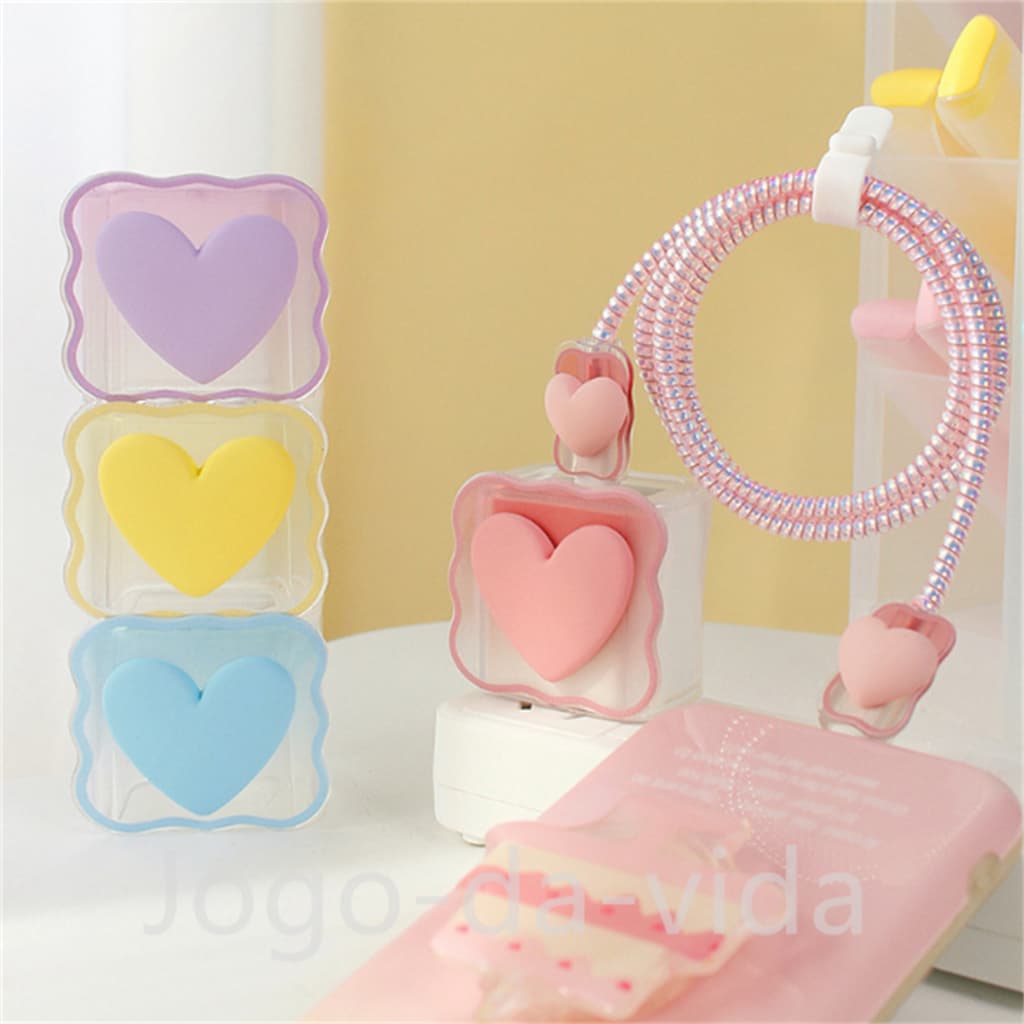 Capa de silicone para carregador mola com enrolamento de cabos para carregador iphone adaptador18W 20W Padrão de coração