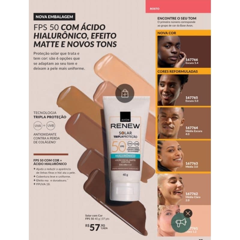 Protetor Solar Renew Com Cor Fps 50 + Ácido Hialurônico- Avon