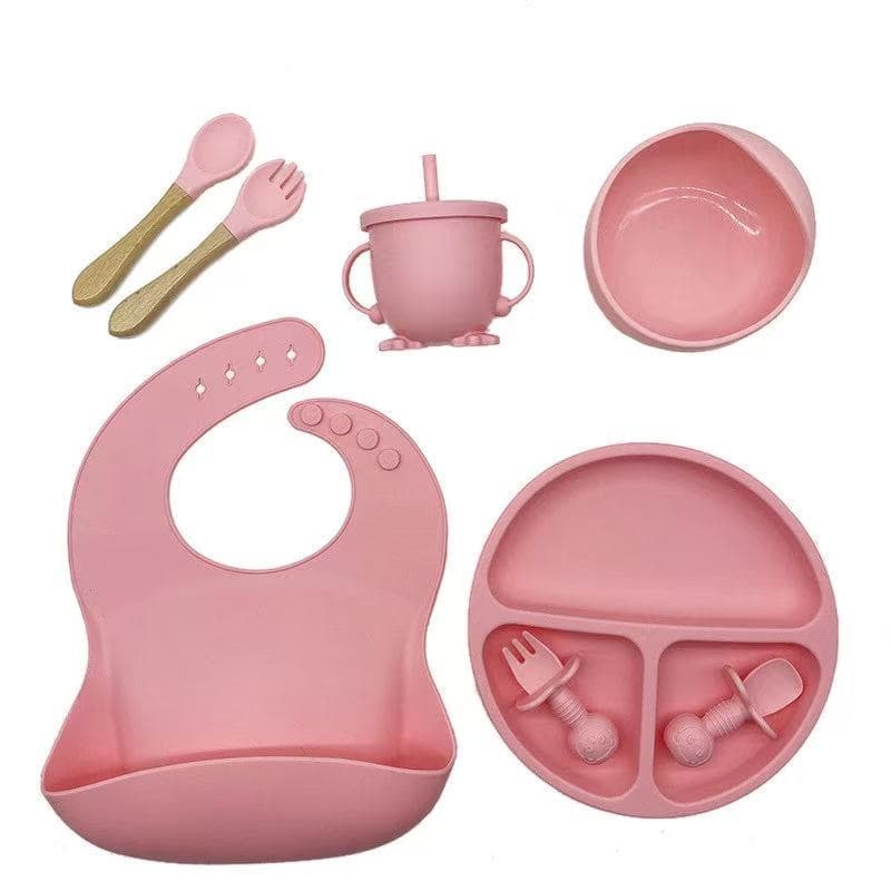 Kit 8 Peças de Talheres  Prato de Silicone para Bebês e Crianças  Babador