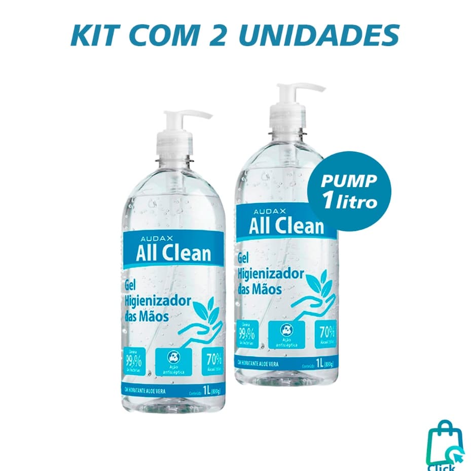 KIT 2 Garrfas Álcool em Gel 1L All Clean Audax Pump apertar