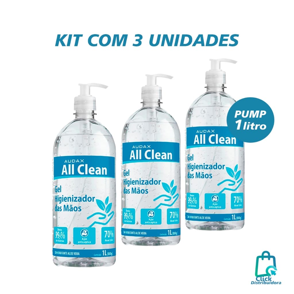 KIT 3 Garrfas Álcool em Gel 1L All Clean Audax Pump apertar