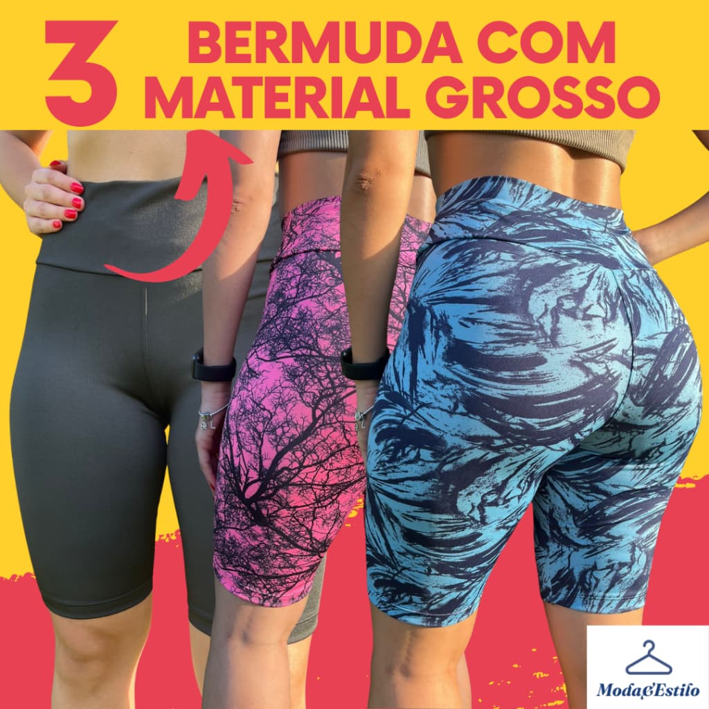 KIT C/ 3 Bermuda Feminina Short Fitness Ciclista Academina Suplex Caminhada Plus Size