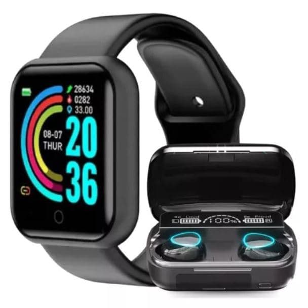Kit Relógio Smartwatch D20 Pró Y68 + Fone de Ouvido sem Fio M10