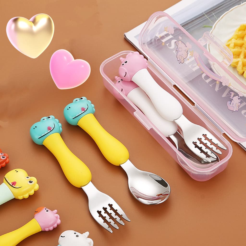 Kit Talher Garfo Colher Infantil Com Estojo Aço Inox 304 Unicórnio Dinossauro
