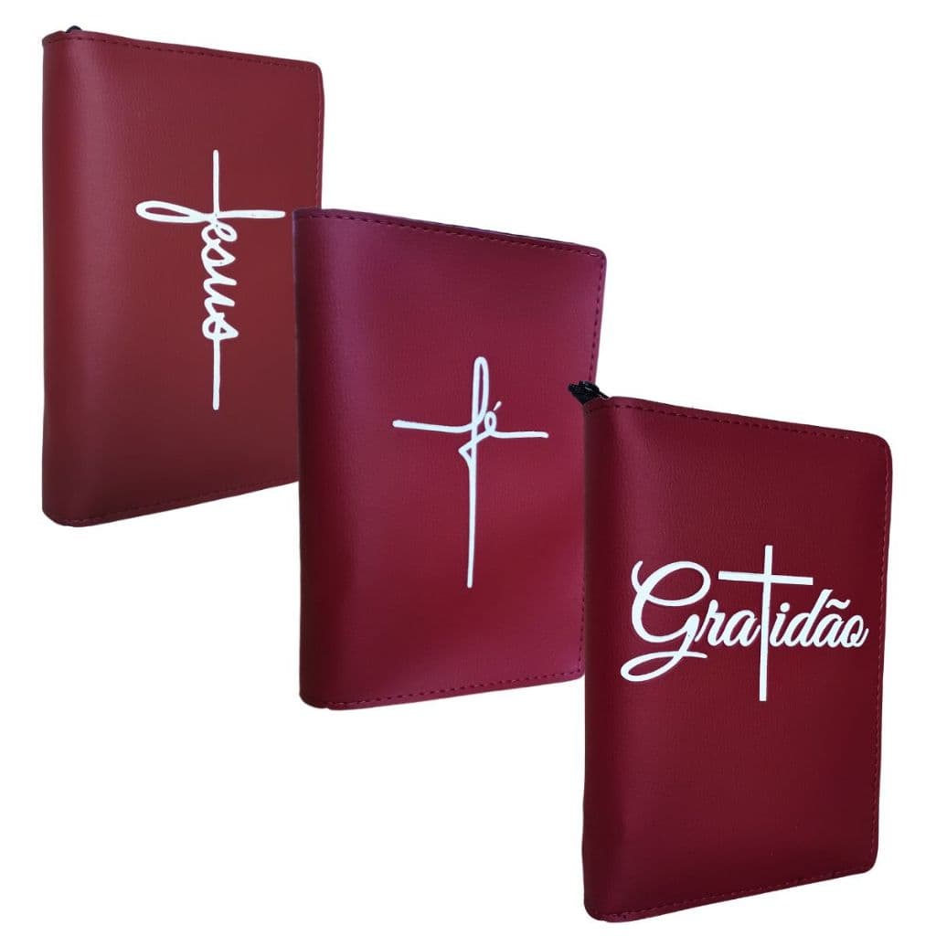 Capa para Bíblia Média com Zíper Fé ou Gratidão ou Jesus | Nº 11- Vinho