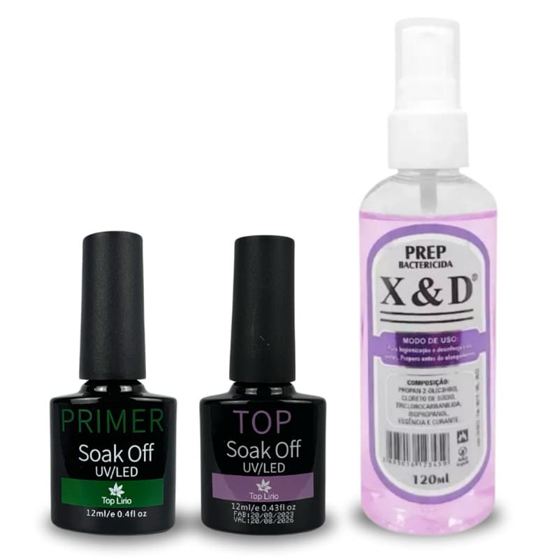 Kit Top Coat e Primer Lirió Prep Preparadores Unhas Gel e Fibra Profissional Secagem Rápida Finalizador de Unha