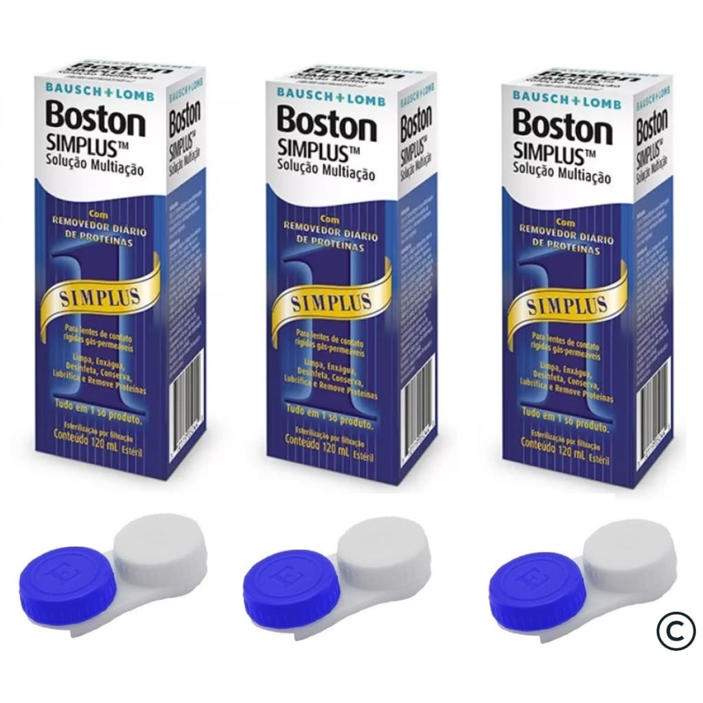 3 Soluções de Limpeza Boston Simplus® Para Lentes de Contato Rígidas + 3 Estojos