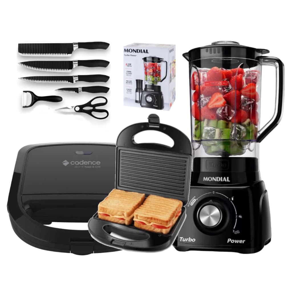 Kit Liquidificador Mondial Turbo 550W  + Sanduicheira Grill Preto E Facas
