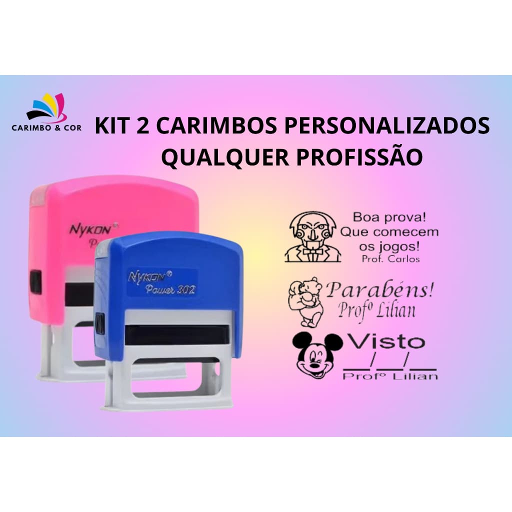 KIT 2 CARIMBOS AUTOMATICO PERSONALIZADOS PROFISSOES PROFESSORES PAPELARIA NYKON 302 ENFERMAGEM PROFISSOES
