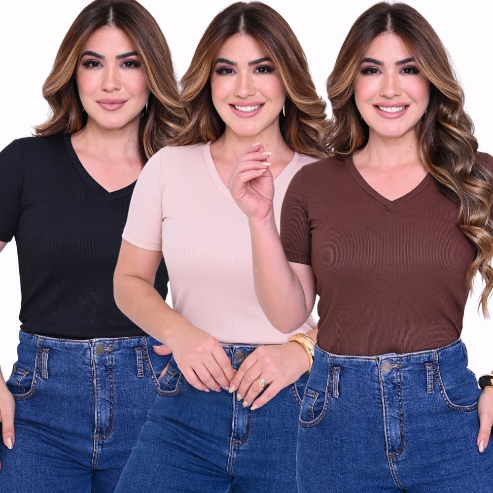 T-SHIRT KIT COM 3 GOLA V DECOTADA CANELADA BLUSA BASICA MANGA