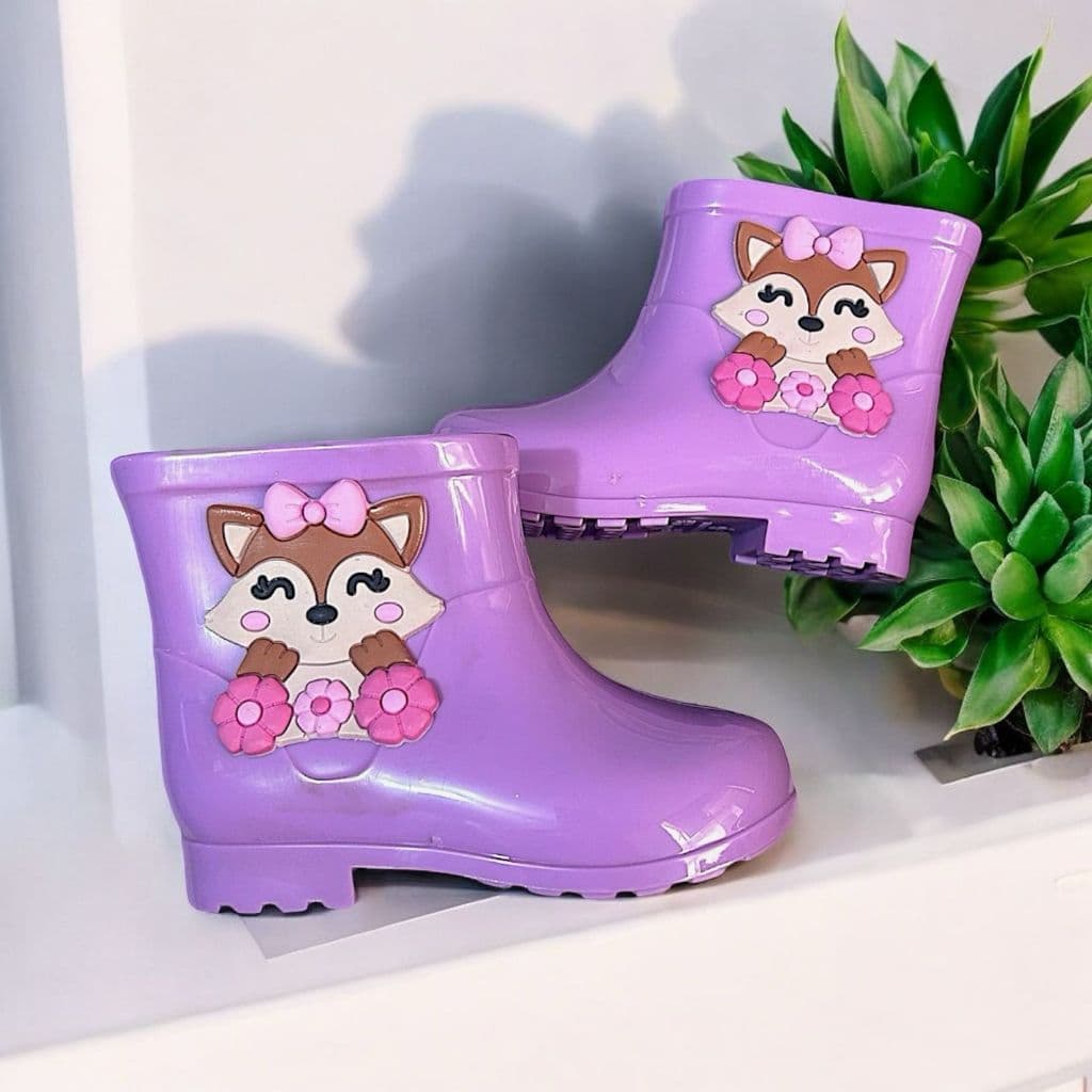 Galocha Infantil Menina Injetada Botinha Personagem Raposa e Borboleta Antiderrapante Macio Moderna