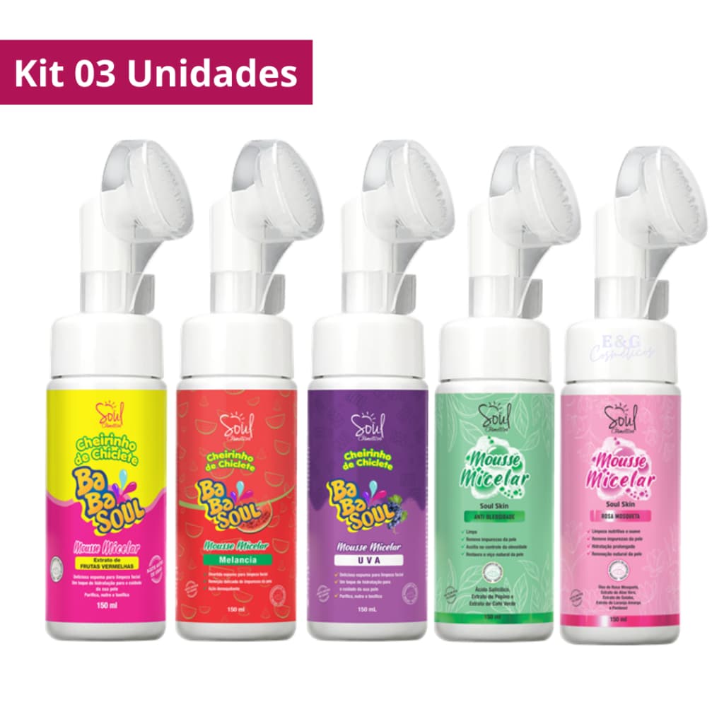 Kit 03 Unidades Mousse Micelar Espuma de Limpeza Facial 150 ml Soul Cosméticos