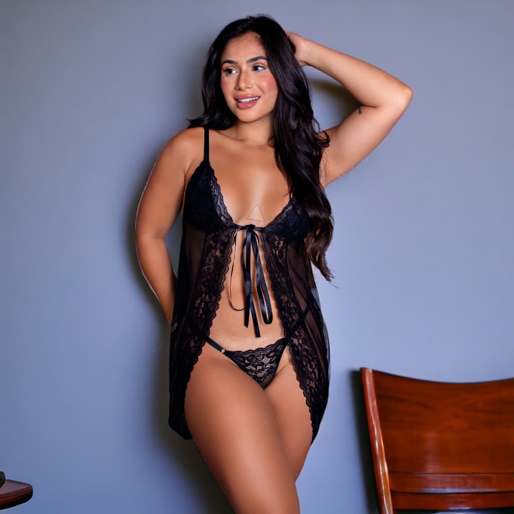 Camisola Transparente Sensual de Tule e Renda com Calcinha Abertura na Frente com Detalhes em Renda