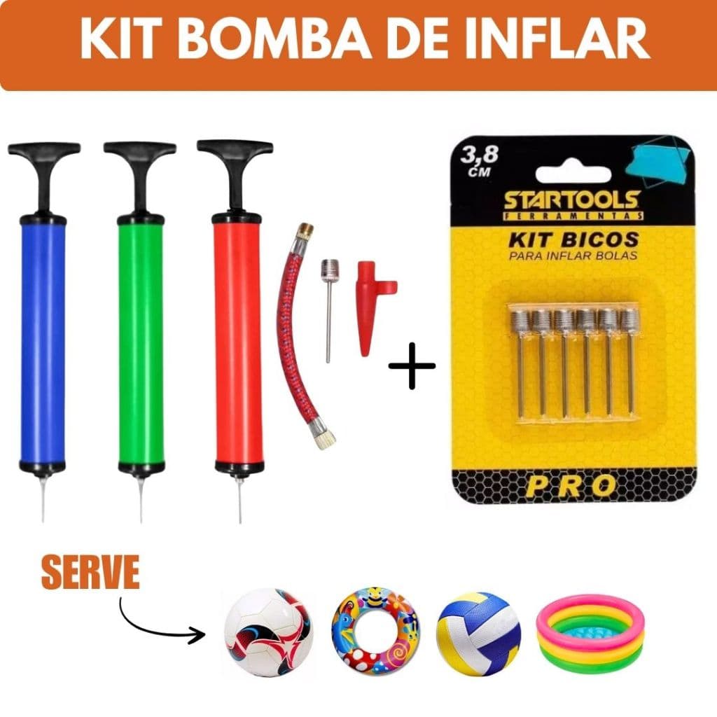 Jogo Bomba de Ar c/ Acessórios l para Encher Bolas e Bico Encher Infláveis Boia Colete