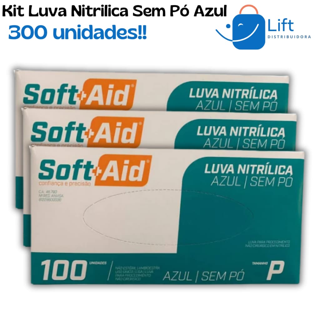 Kit 300 Luva Nitrilica Azul Descartável Sem Pó Tam PP, P, M, G