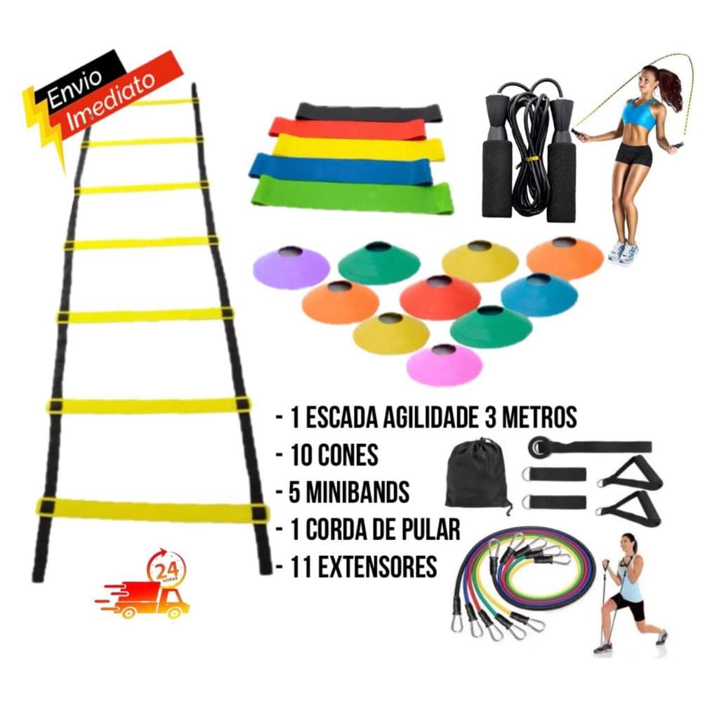 Kit Funcional Agilidade Escada 7 degraus + 10 Cones + 1 Corda + 5 MiniBands + 11 Extensores Cross