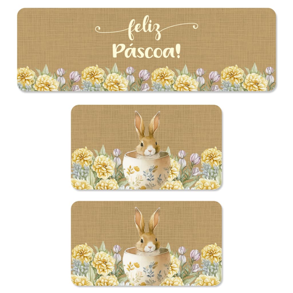 KIT 03 TAPETES PARA COZINHA PASCOAL ANTIDERRAPANTE PÁSCOA COELHINHO E FLORES