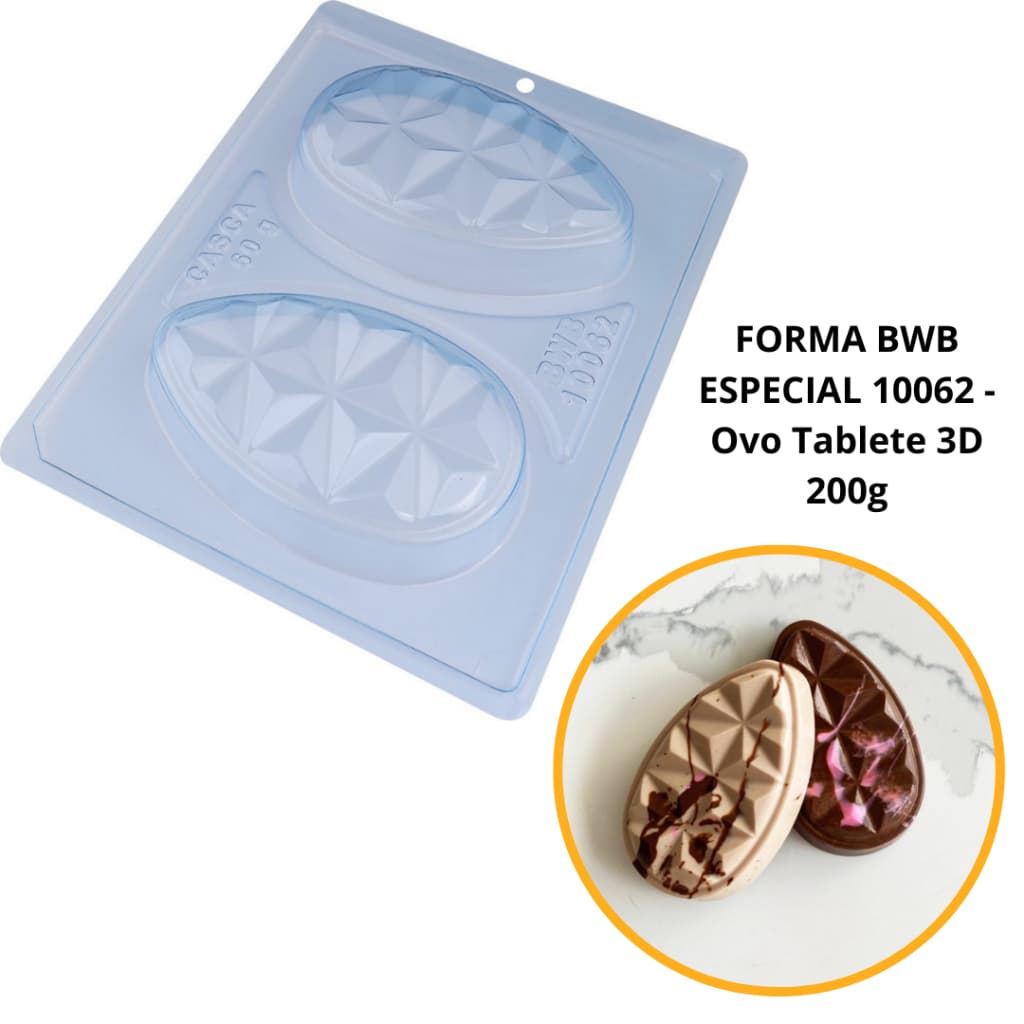 1~4 Forma BWB Com Silicone (3 partes) Para Chocolate Cód. 10062 - Ovo Tablete 3D 200g. Páscoa