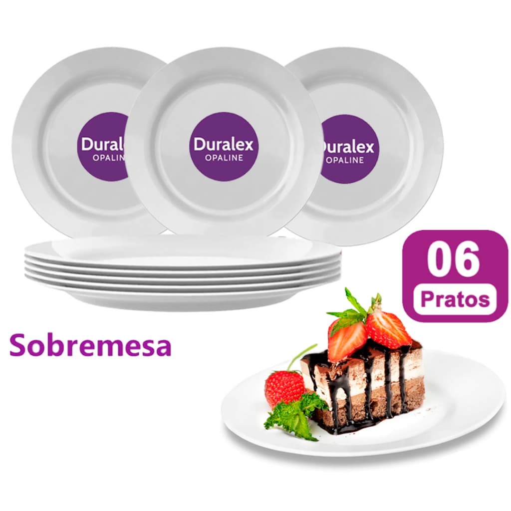 Jogo Kit 06 Prato Sobremesa de Vidro Menu Duralex Opaline Branco Buffet Mesa Posta Restaurante Bar