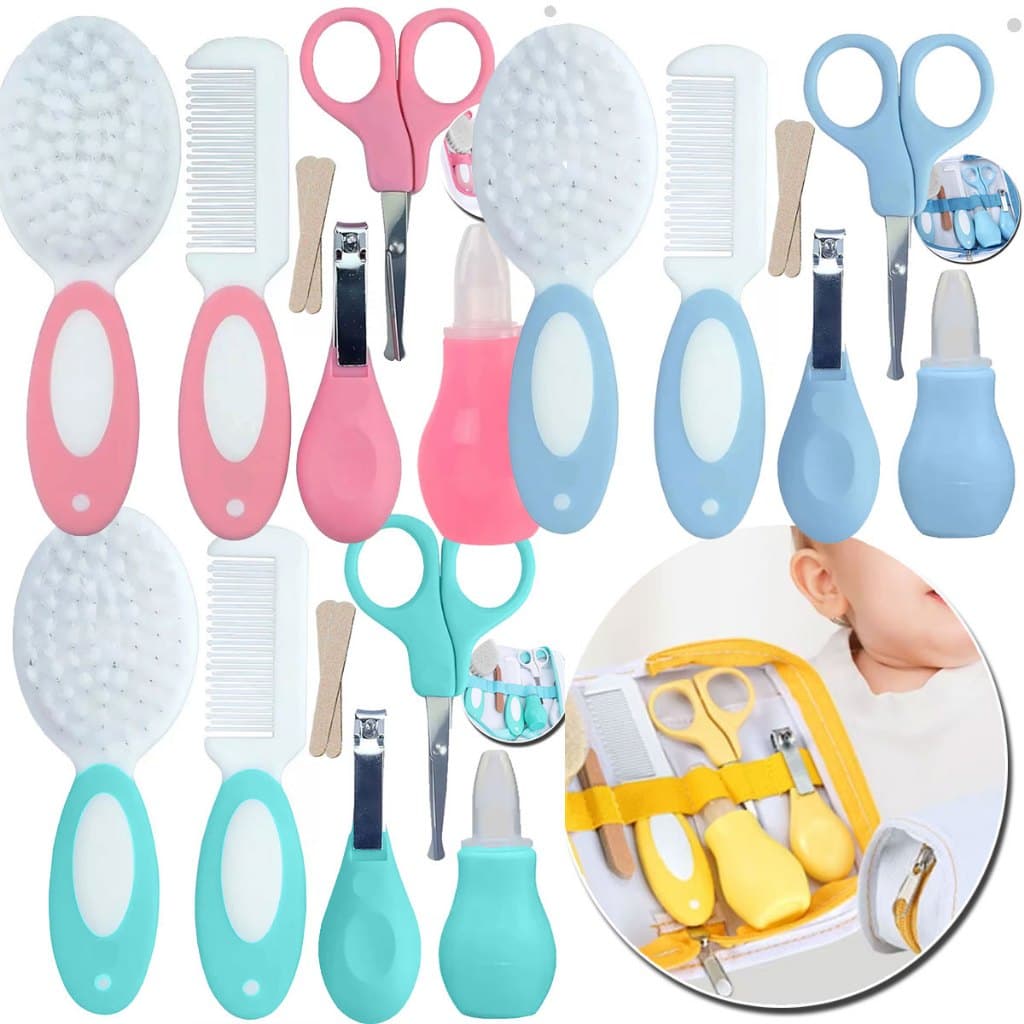 Kit Higiene Bebê infantil Completo 10 peças Escova, Pente, Tesoura, aspirador nasal e Cortador + Bag