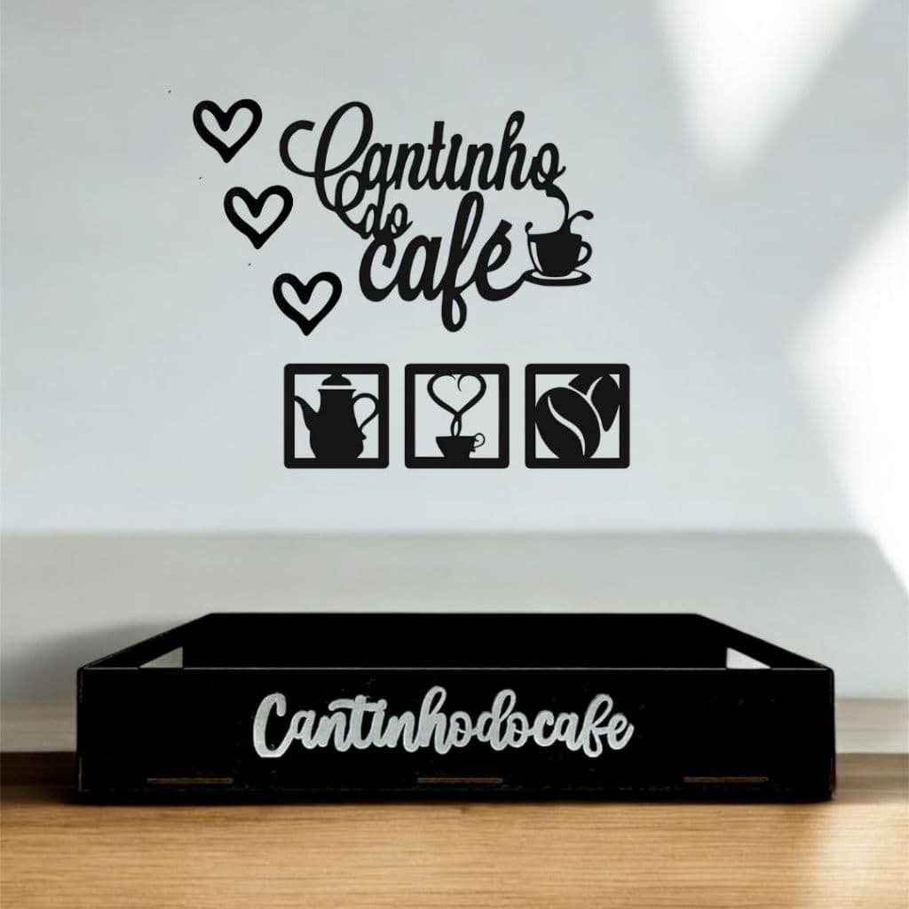Kit Apliques Cantinho do Café c/ Corações e Bandeja Quadrada em MDF