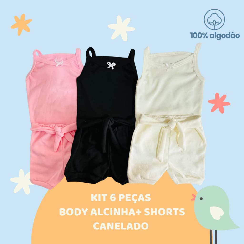 Kit Body Regata Laço + Shorts Bebê Menina | Canelado | P M G | Conforto e Estilo