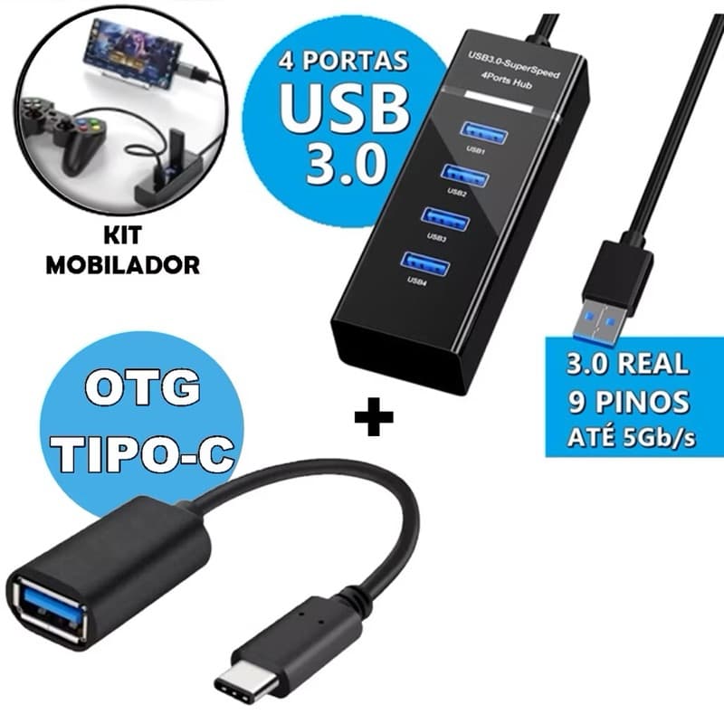 Hub 3.0 4 Entrada Usb 5 Gbps + Adaptador OTG Tipo-C para celular notebook pc