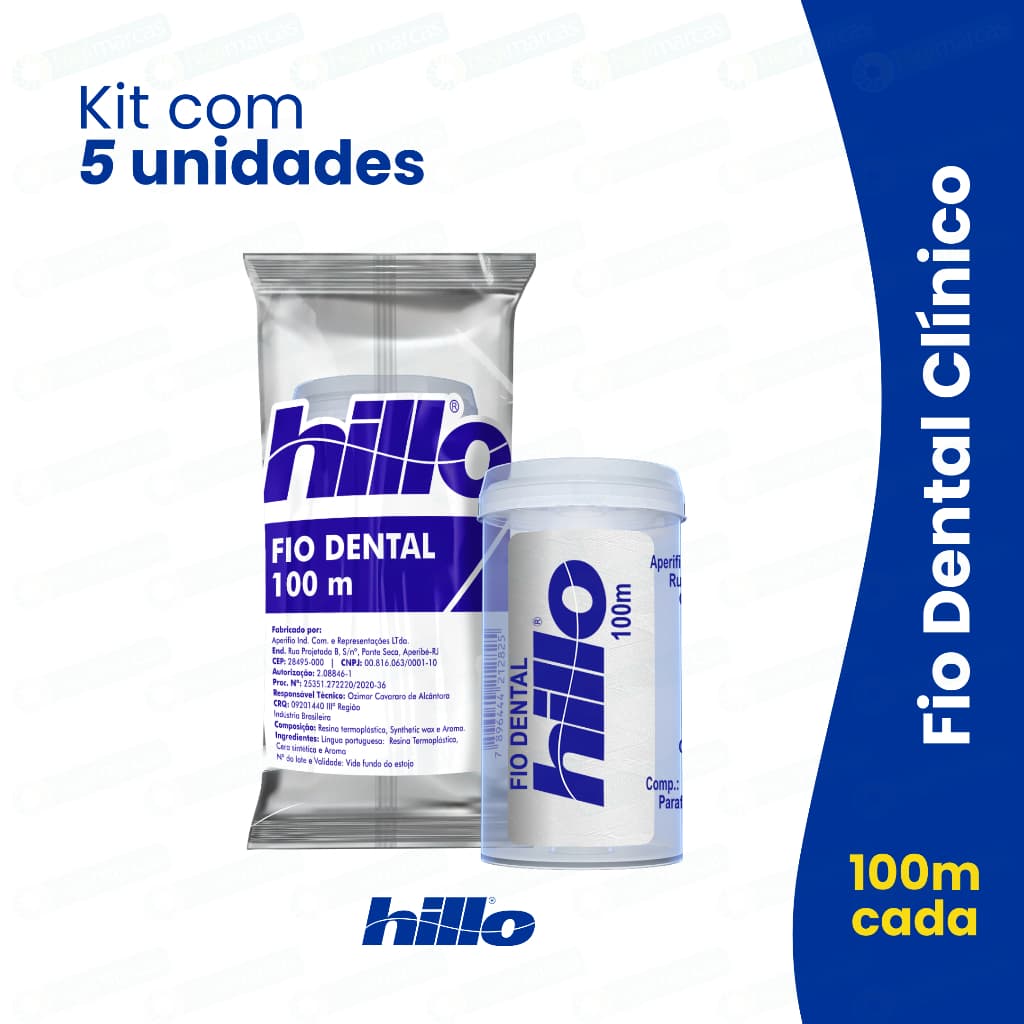 Kit 5 Fio Dental 100 Metros Hillo Profissional Clínico Econômico Brinde