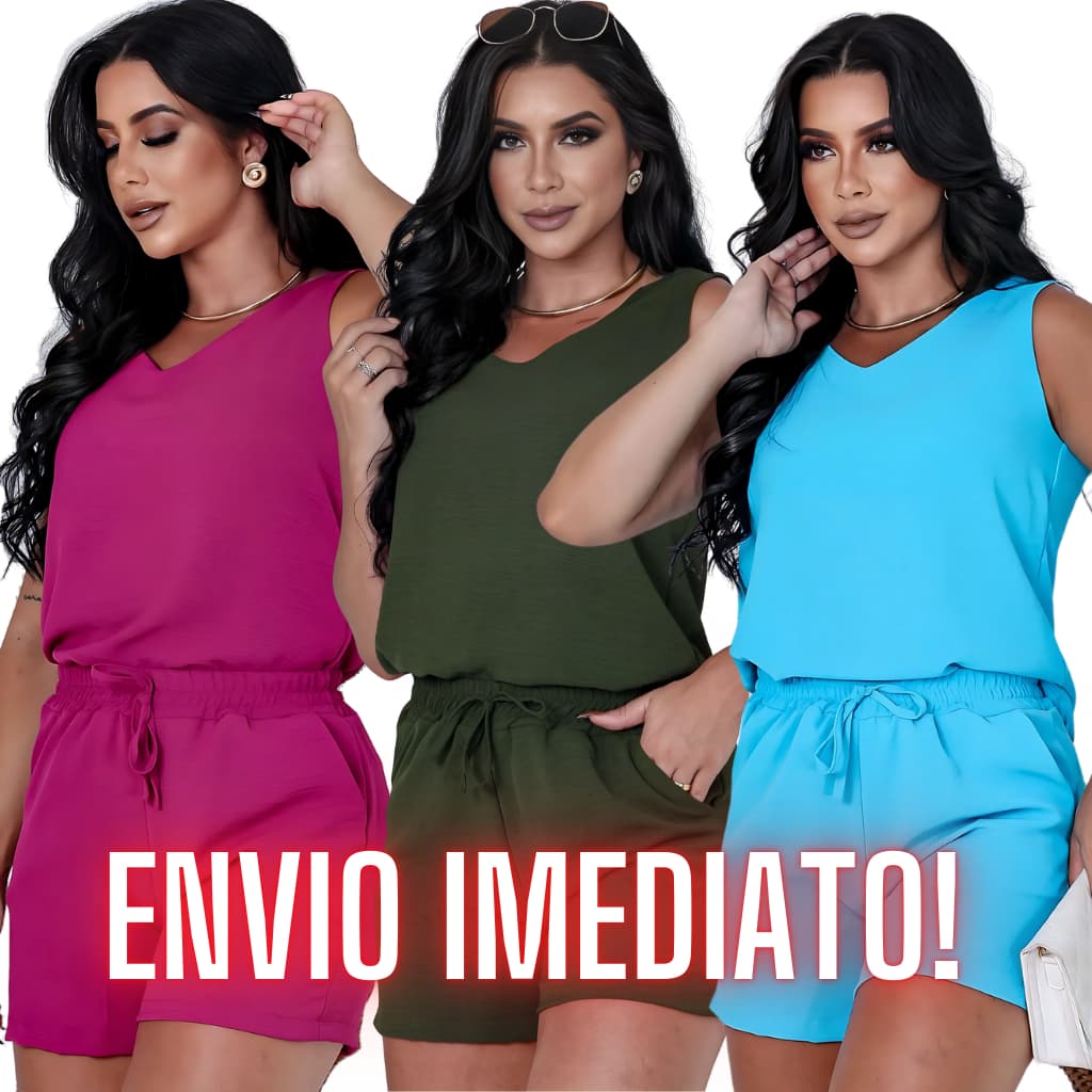 Conjunto Feminino Blusa Regata e Short Com Bolso Cintura Alta Duna Não Amassa Verão