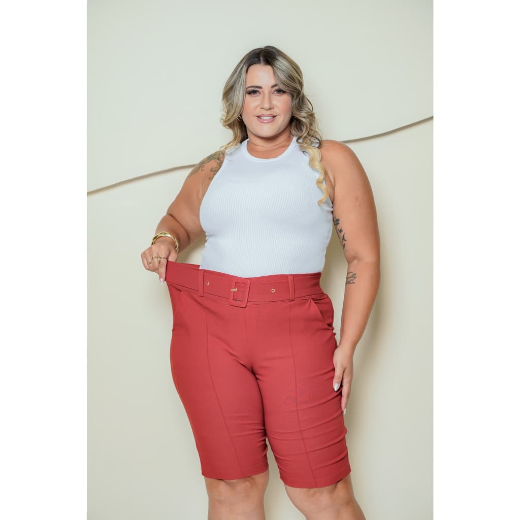 Bermuda Feminina Plus Size Social Com Bolsos e Cinto Tecido Modelador Levanta Bumbum Super Luxuoso