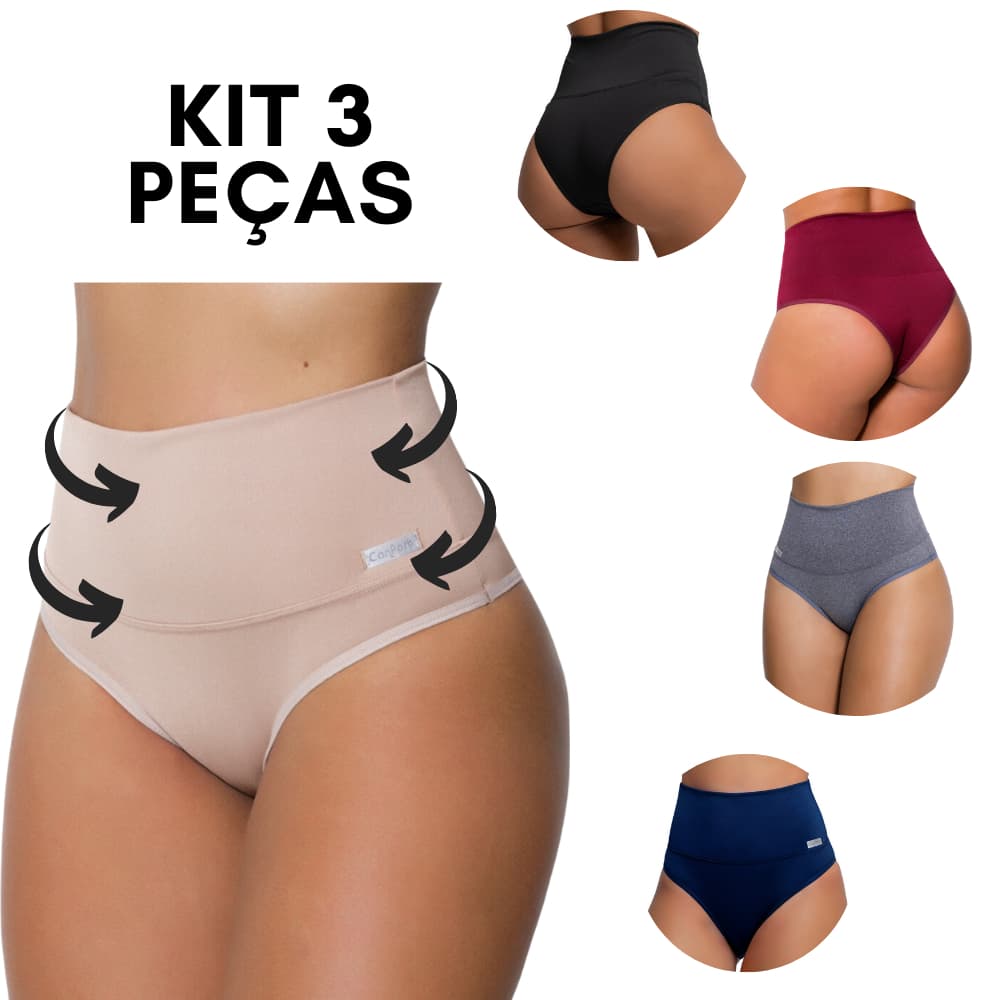 Kit 3 Calcinhas Cinta Modeladora Cós Alto Pós Parto Compressão Conforto Cintura Alta