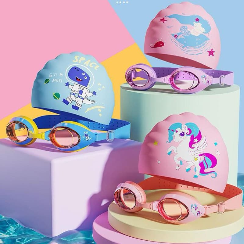 Kit Touca e Óculos de Natação Infantil Piscina para Meninas e Meninos