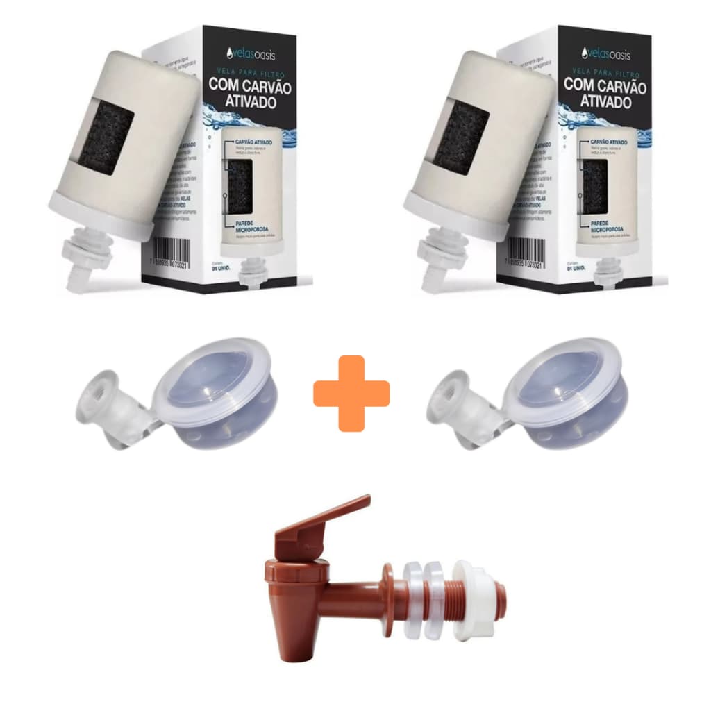 Kit 2 Vela Para Filtro De Barro Carvão Ativado Oasis + 2 Boias Dosadoras + 1 Torneira Marrom