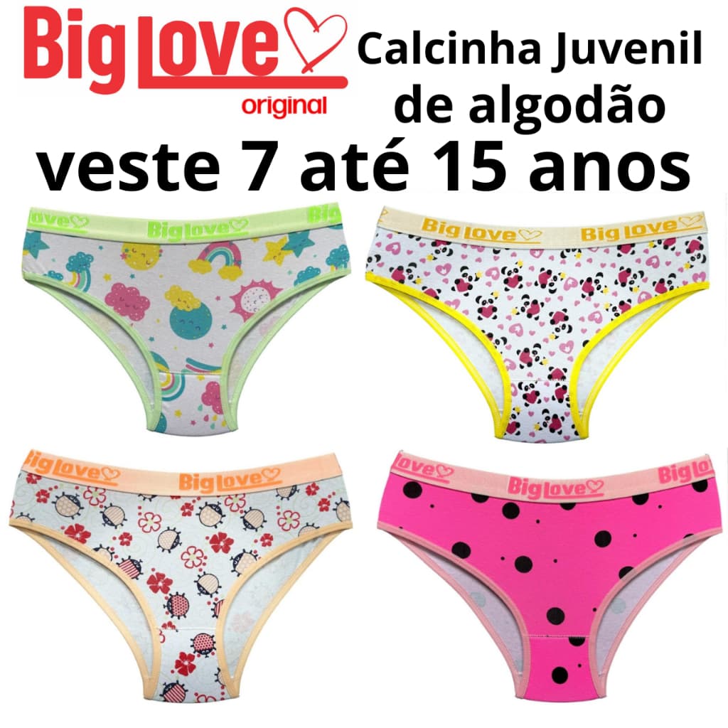 7 Calcinha Juvenil e Infantil de Algodão Cotton  Menina Moça com Cós Largo na Cintura Direto da Fábrica Ref:077
